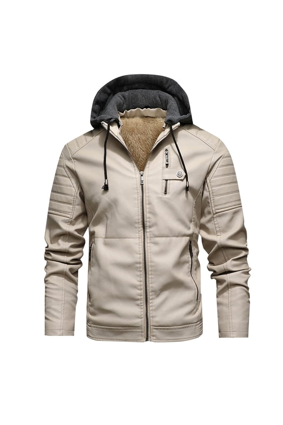 Men's Fashion Hooded Jackets Solid Color Zipper Leather Jacket with Pockets Long Sleeve Hooded Outwear White