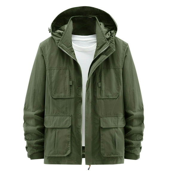 TFEOQRY Men's Fashion Hooded Outwear Coat Casual Solid Color Zipper Jacket with Pockets Long Sleeve Hooded Outwear Olive Green