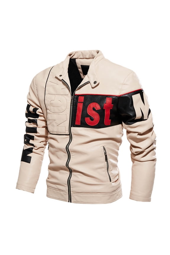 Men's Faux Leather Jacket Fleece Lined Full Zip Letter Print Casual Motorcycle Biker Warm Coat Beige