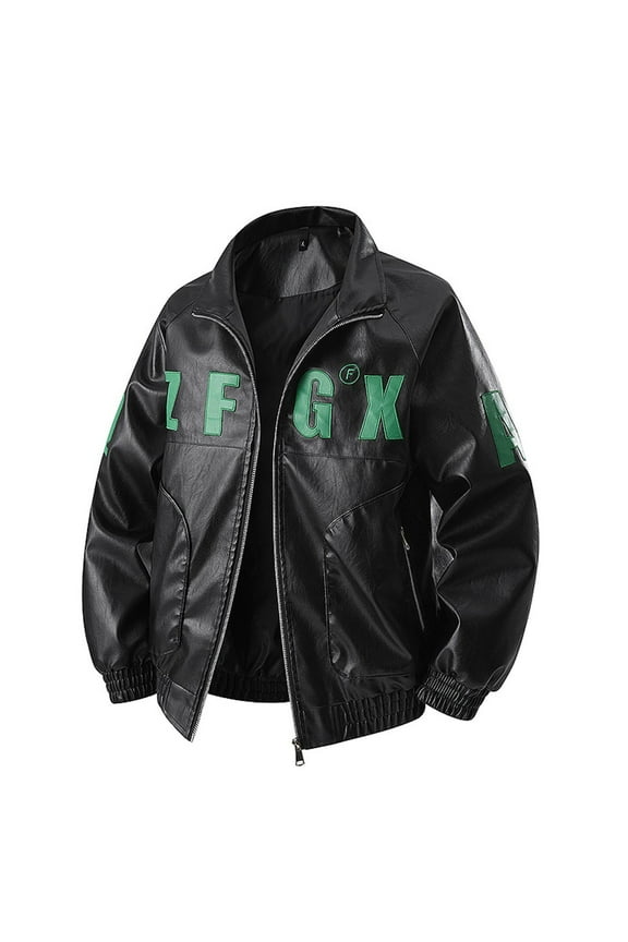 Men's Faux Leather Jacket Lapel Collar Zip Up Letter Print Streetwear Loose Casual Fashion Outerwear Coat Black