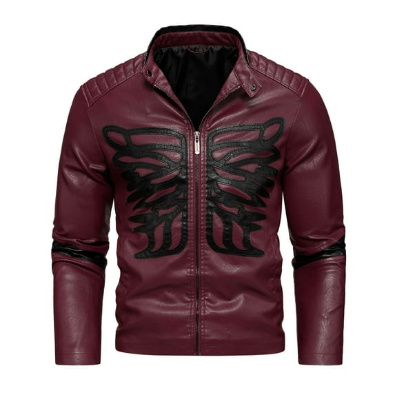 TFEOQRY Men's Faux Leather Jacket Stand Collar Zip Up Wing Pattern Biker Style Motorcycle Coat Fall Winter Top Red