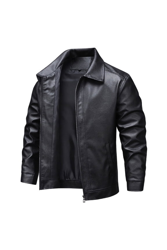 Men's Faux Leather Vintage Jacket Lapel Full Zip Pocketed Casual Outdoor Motorcycle Biker Warm Coat Black