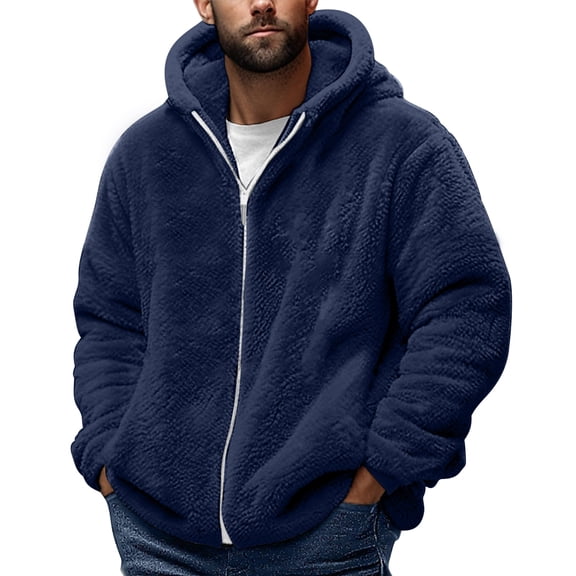 TFEOQRY Men's Fleece Blanket Hooded Jackets Solid Color Long Sleeve Hooded Zipper Outwear Coat Navy