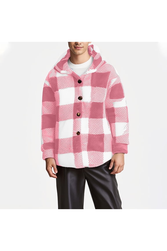 Men's Fleece Blanket Plaid Blouse Jackets Fall and Winter Long Sleeve Hooded Button Outwear Coat Pink