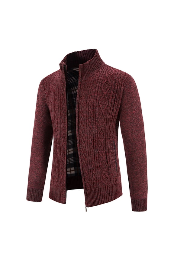 Men's Full Zip Cardigan Sweater Cable Knit Stand Collar Long Sleeve Outerwear Fall Winter Warm Coat Burgundy