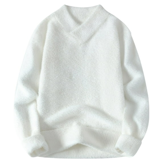 TFEOQRY Men's Fuzzy Sweater Long Sleeve V-Neck Pullover Solid Knitted Sweater Fall Winter Loose Warm Tops White