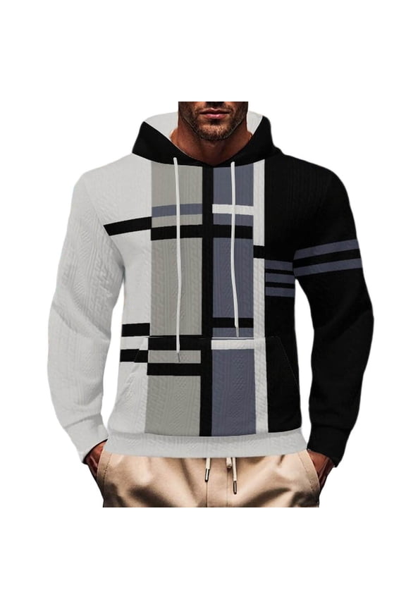 Men's Geometric Pattern Hoodie Sweatshirt Cable Knit Long Sleeve Pullover Trendy Fall Winter Tops Black