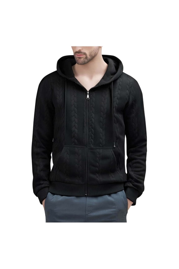 Men's Hooded Cable Knit Sweatshirt Zip Up Pockets Long Sleeve Jacket Fall Winter Casual Outwear Black