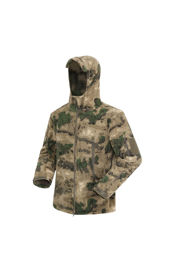Men's Hooded Casual Jackets Camouflage Design Zipper and Fleece Outwear with Pockets Long Sleeve Hooded Overcoat Green