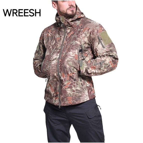 WREESH Men's Hooded Camouflage Jackets Waterproof Zipper Fleece Outwear with Pockets Casual Long Sleeve Overcoat