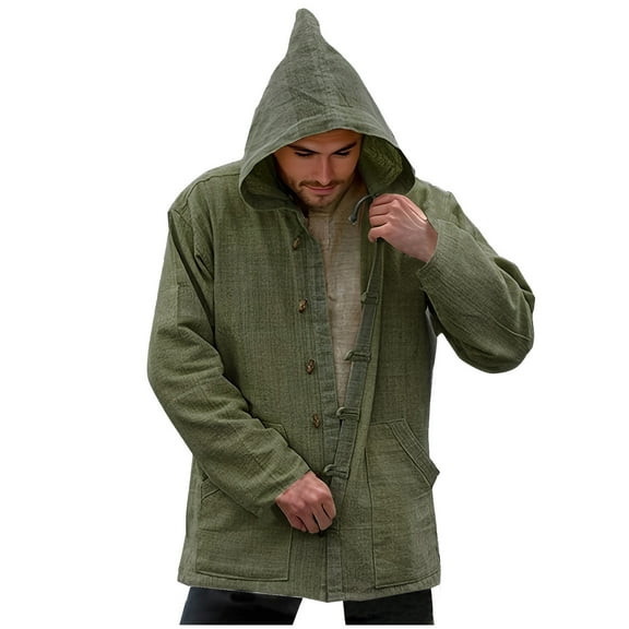 TFEOQRY Men's Hooded Coat Jacket Solid Color Casual Retro Button Jacket with Pockets Long Sleeve Hooded Outwear Olive Green