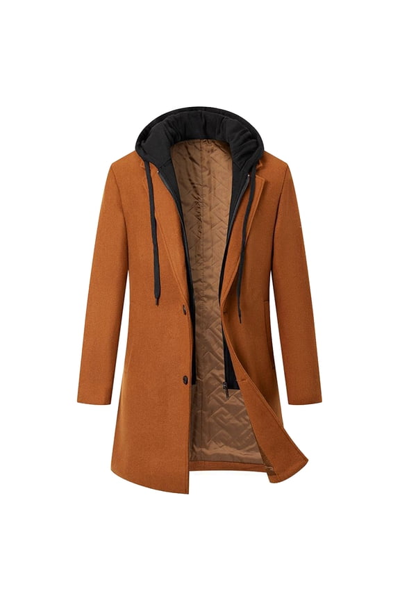 Men's Hooded Coat Jacket Thick Zipper Hooded Fake Two Piece Woolen Coat Long Sleeve Hooded Outwear Khaki