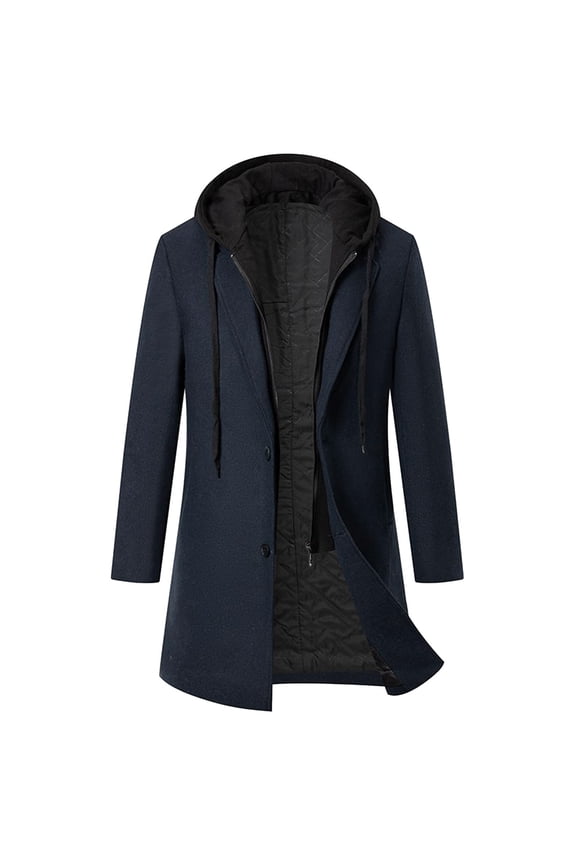 Men's Hooded Coat Jacket Thick Zipper Hooded Fake Two Piece Woolen Coat Long Sleeve Hooded Outwear Navy