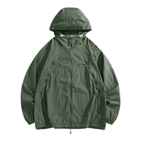 TFEOQRY Men's Hooded Sunscreen Clothes Solid Color Ice Silk Zipper Sunscreen Outwear with Pocket Long Sleeve Hooded Overcoat Olive Green