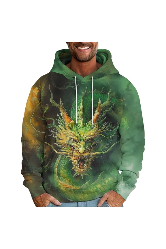 Men's Hooded Sweatshirts Loose Oriental Dragon Printed Pullover Long Sleeve Hooded Tops Sweatshirt Multicolor