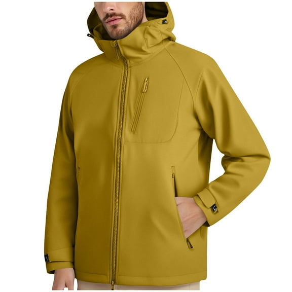 TFEOQRY Men's Hooded Windbreaker Full Zip Multi Pockets Windproof Jacket Outdoor Hiking Camping Warm Coat Yellow