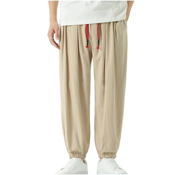 TFEOQRY Men's Large Size Drop Crotch Pants Elastic Waist Linen Pants Loose Drawstring Linen Casual Trousers