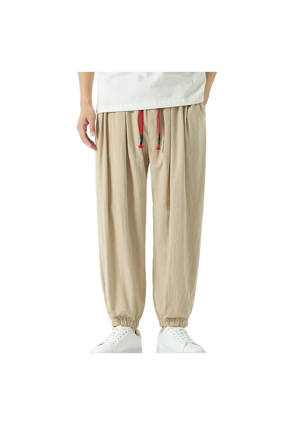 Men's Large Size Drop Crotch Pants Elastic Waist Linen Pants Loose Drawstring Linen Casual Trousers
