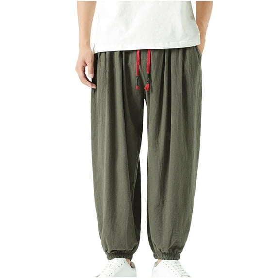TFEOQRY Men's Large Size Drop Crotch Pants Elastic Waist Linen Pants Loose Drawstring Linen Casual Trousers
