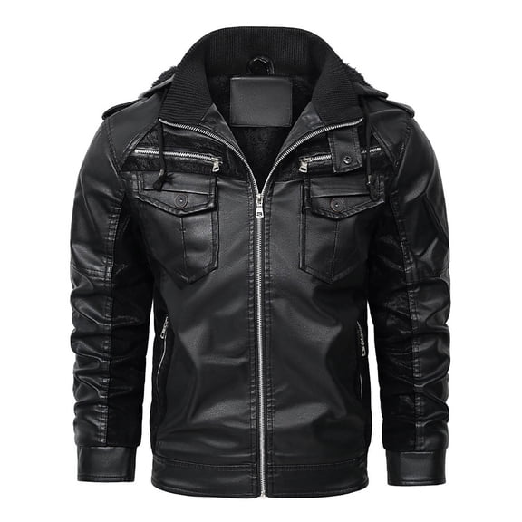 TFEOQRY Men's Leather Jacket Retro Velvet Solid Color Fashionable Texture Jacket Long Sleeved Hooded Overcoat Black