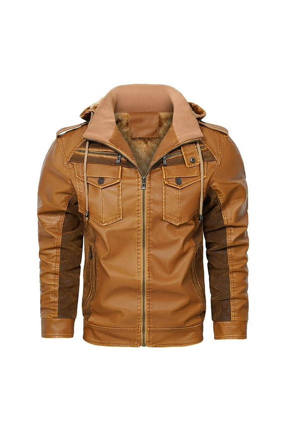 Men's Leather Jacket Retro Velvet Solid Color Fashionable Texture Jacket Long Sleeved Hooded Overcoat Yellow