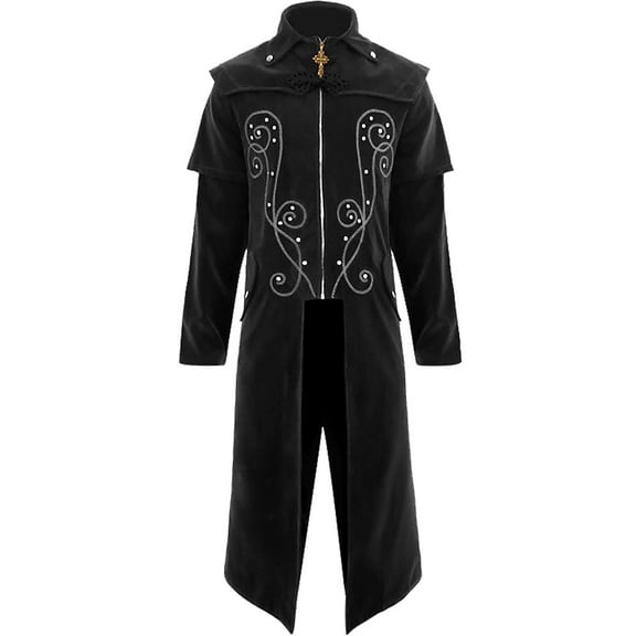 TFEOQRY Men's Long Trench Coat Jacket Medieval Vintage Gothic Renaissance Frock Coat Black