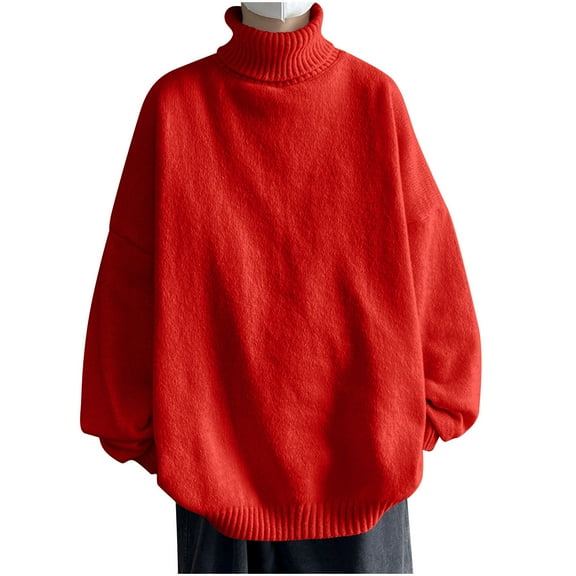 TFEOQRY Men's Loose Turtleneck Sweater Long Sleeve Solid Knitted Pullover Fall Winter Warm Thicken Casual Tops Red
