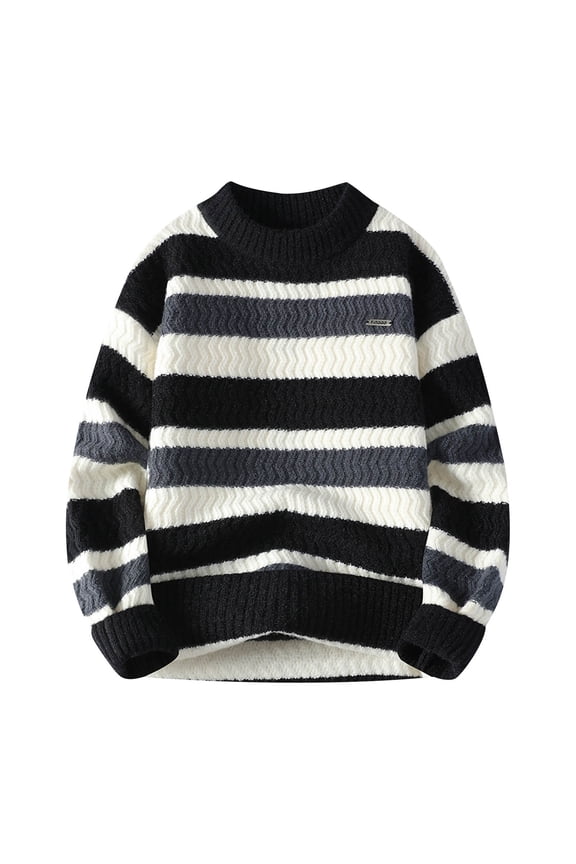 Men's Mock Neck Striped Sweater Wave Ribbed Knit Long Sleeve Textured Casual Pullover Fall Winter Top Black