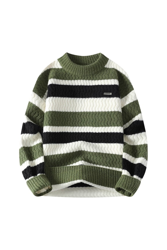 Men's Mock Neck Striped Sweater Wave Ribbed Knit Long Sleeve Textured Casual Pullover Fall Winter Top Green