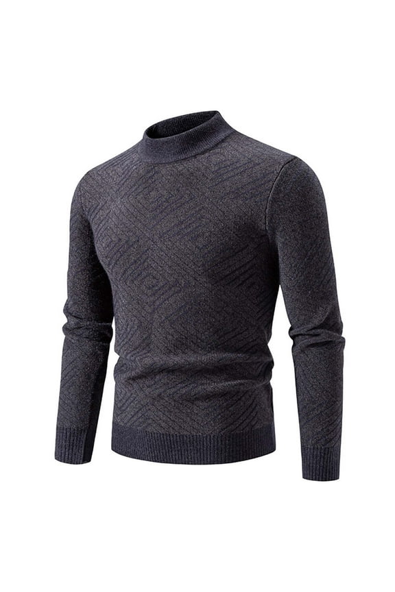 Men's Mock Neck Sweater Geometric Pattern Knit Long Sleeve Casual Pullover Fall Winter Top Dark Gray