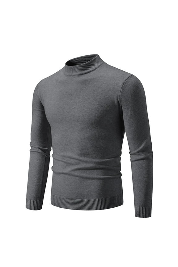 Men's Mock Neck Sweater Solid Color Ribbing Edge Knit Long Sleeve Casual Pullover Fall Winter Top Dark Gray