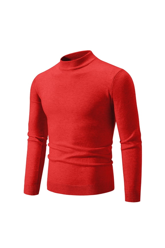 Men's Mock Neck Sweater Solid Color Ribbing Edge Knit Long Sleeve Casual Pullover Fall Winter Top Red