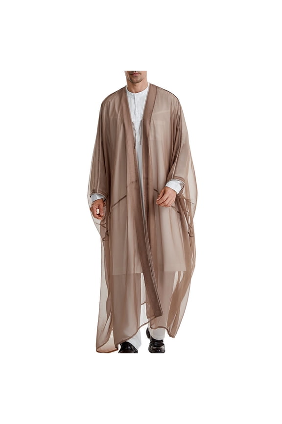 Men's Muslim Robe Casual Loose Arabian Robe Long Sleeved Ankle Length Robe Coffee