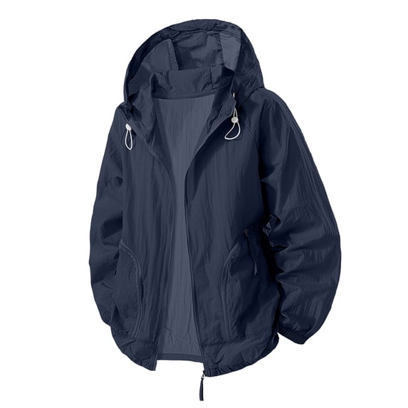 TFEOQRY Men's Packable Sun Protection Jacket Lightweight Drawstring Hooded Coat with Zipper Pockets Dark Blue