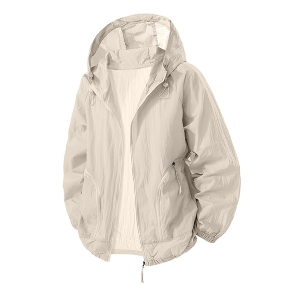 TFEOQRY Men's Packable Sun Protection Jacket Lightweight Drawstring Hooded Coat with Zipper Pockets Khaki