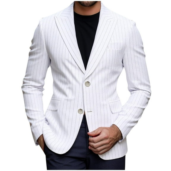 TFEOQRY Men's Pinstripe Blazer Double Buttons Long Sleeve Casual Wedding Prom Business Party Suit Jacket White