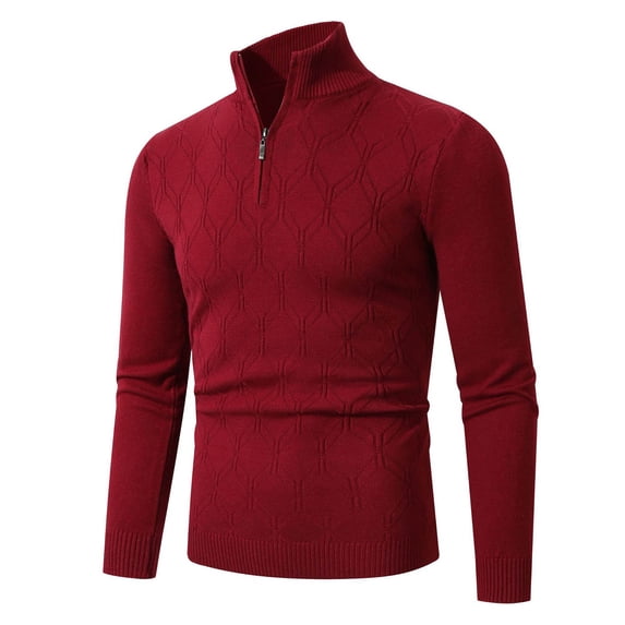 TFEOQRY Men's Quarter Zip Textured Knit Sweater Long Sleeve Geometric Pattern Pullover Fall Winter Warm Top Burgundy
