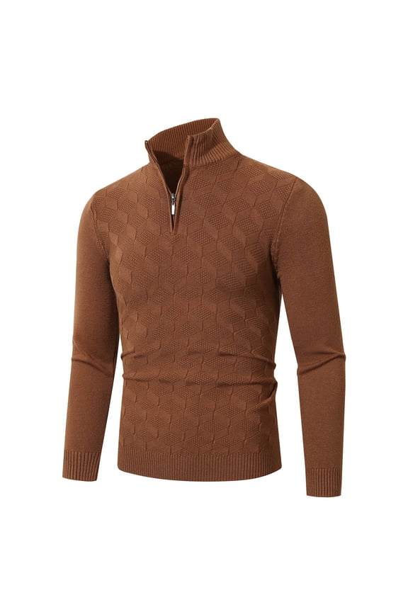 Men's Quarter Zip Textured Knit Sweater Long Sleeve Geometric Pattern Pullover Fall Winter Warm Top Coffee