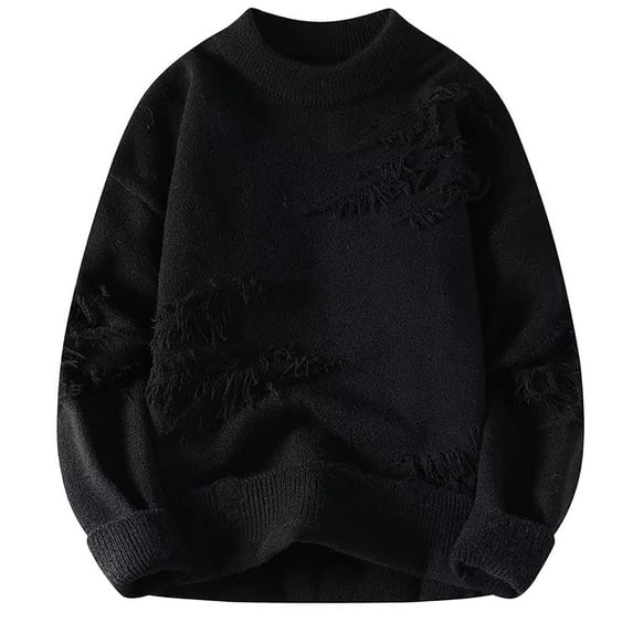 TFEOQRY Men's Ripped Crewneck Sweater Vintage Knitted Long Sleeve Solid Color Pullover Fall Winter Warm Tops Black