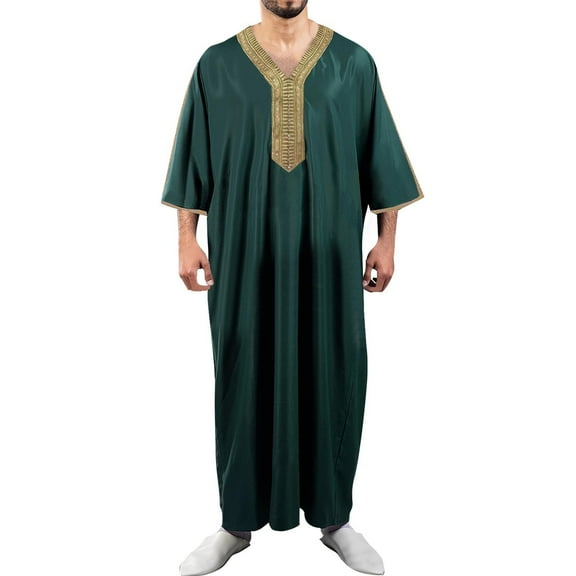 TFEOQRY Men's Satin Long Sleeve Embroidered Thobe Arabic Islamic Kaftan Jubba Robe Traditional Wear Green