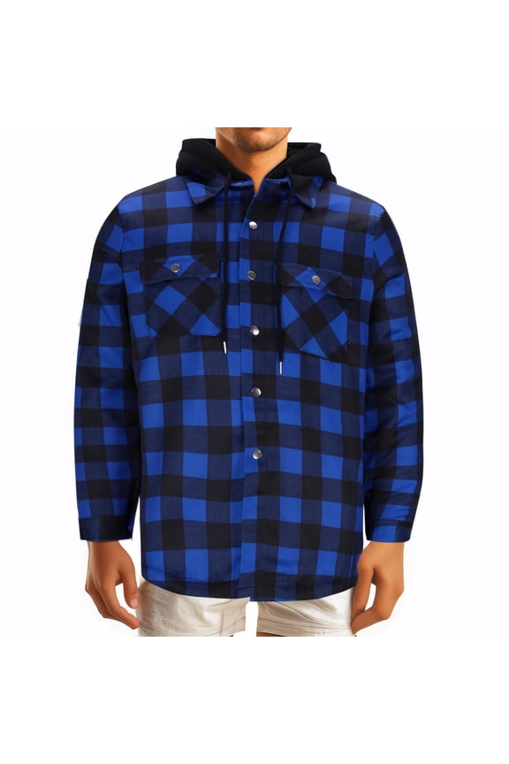 Men's Shirt Jacket Two Layer Thick Button Checkered Shirt Top with Pockets Long Sleeve Hooded Outwear Blue