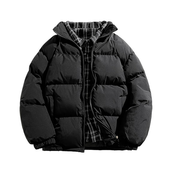 TFEOQRY Men's Short Padded Coats Jacket Solid Color Zipper Plaid Fabric Splicing Winter Thermal Cotton Jacket Long Sleeve Parkas Black
