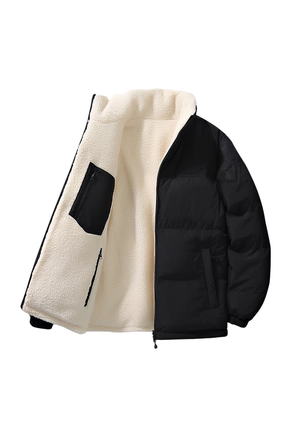 Men's Short Parkas Jacket Fashionable Casual Velvet Outdoor Solid Color Double-Sided Thick Long Sleeved Cotton Jacket Black