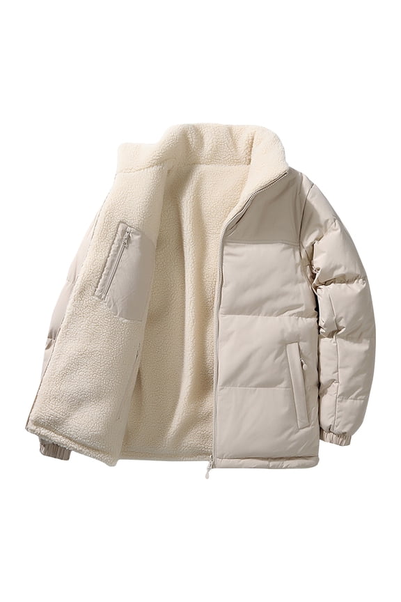 Men's Short Parkas Jacket Fashionable Casual Velvet Outdoor Solid Color Double-Sided Thick Long Sleeved Cotton Jacket Khaki