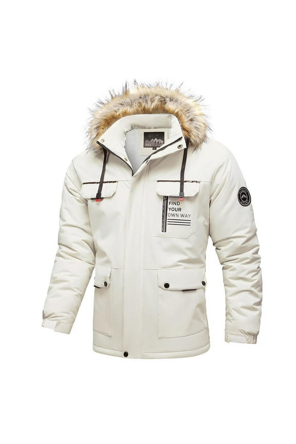 Men's Short Parkas Padded Coats Casual Hooded Solid Color Zipper Winter Thermal Cotton Jacket Long Sleeve Parkas White