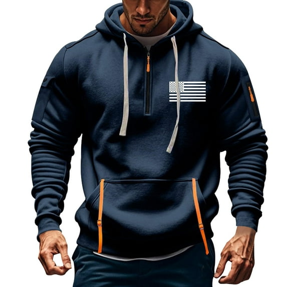 TFEOQRY Men's Solid Color Drawstring Pullover Sweatshirt Half Zipper Hooded Sweatshirt with Multi-Pocket Sweatshirt Navy