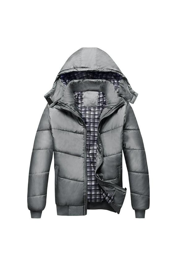 Men's Solid Color Hooded Padded Coats Winter Thermal Fashion Zipper Padded Jacket Gray