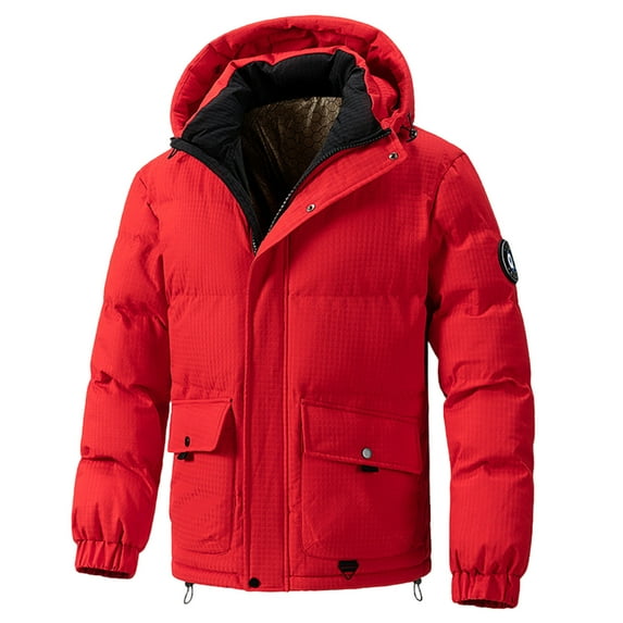 TFEOQRY Men's Solid Color Hooded Padded Coats Winter Thermal Long Sleeve Hooded Heavy Coat Button Zipper Casual Outcoat Red