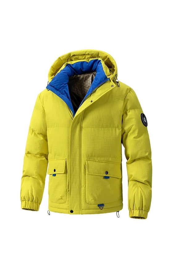 Men's Solid Color Hooded Padded Coats Winter Thermal Long Sleeve Hooded Heavy Coat Button Zipper Casual Outcoat Yellow