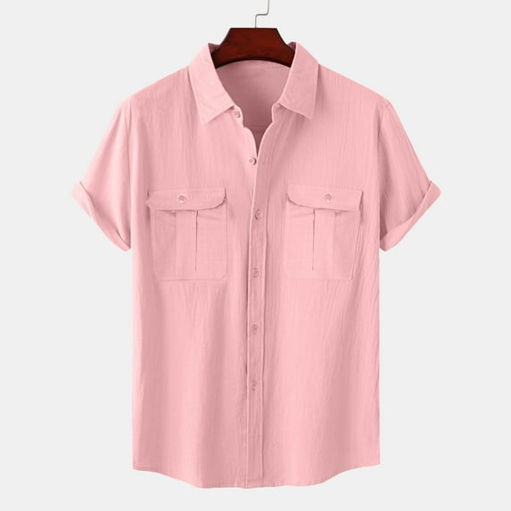 TFEOQRY Men's Solid Color Lapel Button Shirts Blouses Fashion Vacation Cotton Linen Double Pocket Casual Shirts Short Sleeve Tops Pink